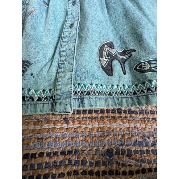 VTG Sundance Wilcher Puff Paint Women's M Turquoise Denim Skirt Acid Wash Pocket - Picture 3 of 9